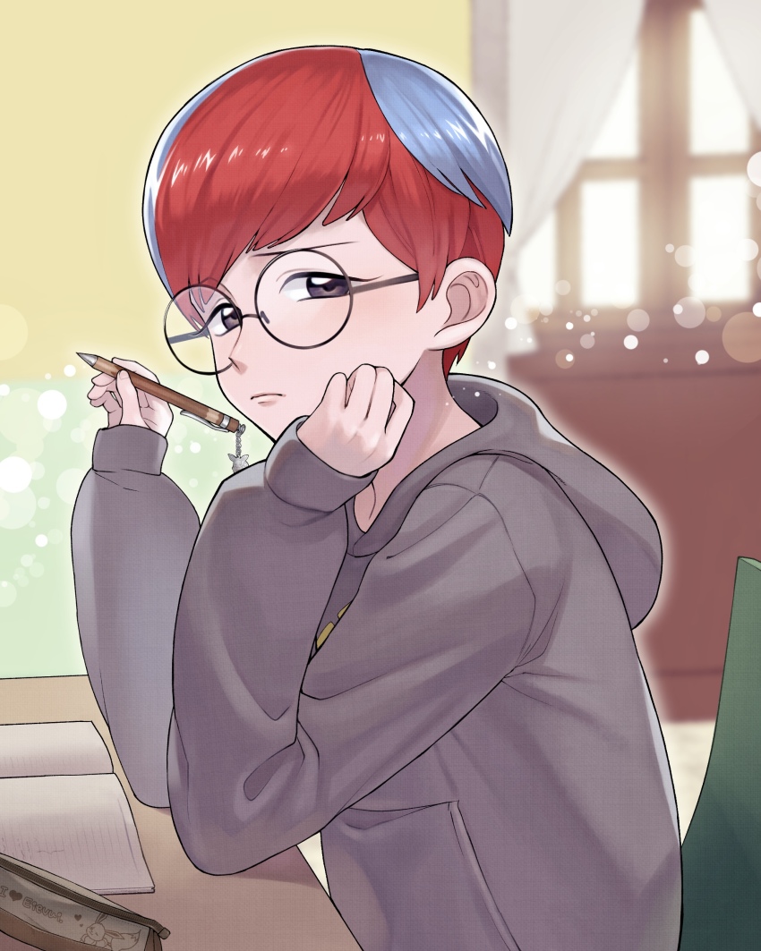 1girl, absurdres, blue_hair, book, closed_mouth, commentary_request, curtains, desk, from_side, glasses, hands_up, highres, holding, holding_pen, hood, hood_down, hoodie, indoors, long_sleeves, looking_at_viewer, multicolored_hair, nintendo, pen, pencil_case, penny_(pokemon), pokemon, pokemon_scarlet_and_violet, red_hair, round_eyewear, ryo_(tmsm7885), short_hair, sitting, sleeves_past_wrists, solo, two-tone_hair