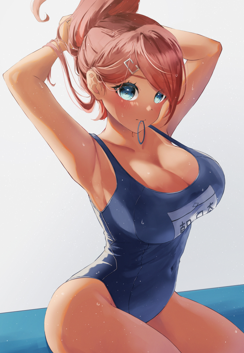 1girl, arms_up, asahina_aoi, bare_shoulders, blue_eyes, blue_one-piece_swimsuit, breasts, brown_hair, cleavage, collarbone, covered_navel, danganronpa:_trigger_happy_havoc, danganronpa_(series), dark-skinned_female, dark_skin, hair_ornament, hair_tie_in_mouth, hairclip, hands_in_own_hair, highres, kitsune_yuki, large_breasts, looking_at_viewer, mouth_hold, one-piece_swimsuit, school_swimsuit, short_hair, sitting, solo, swimsuit, wet