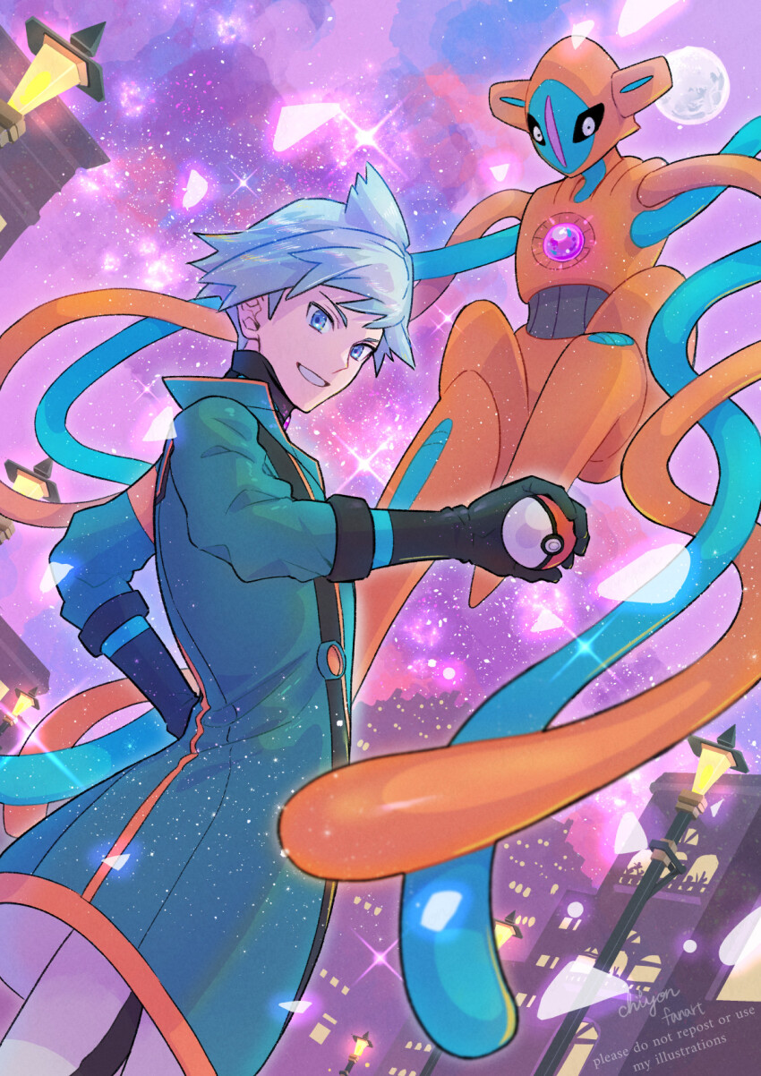 1boy, black_gloves, blue_eyes, blue_hair, chon_chiyon, coat, commentary_request, deoxys