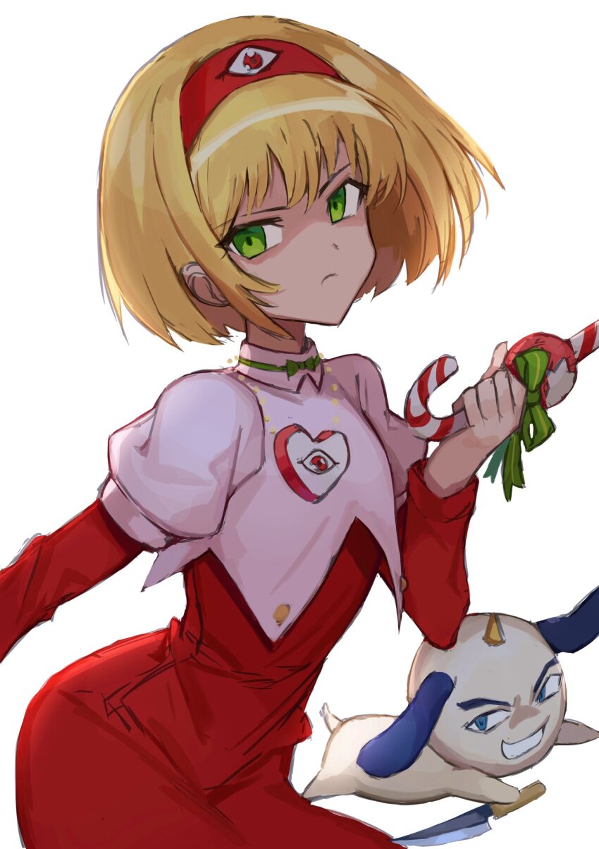 1girl, blonde_hair, candy, candy_cane, dai_mahou_touge, food, green_eyes, highres