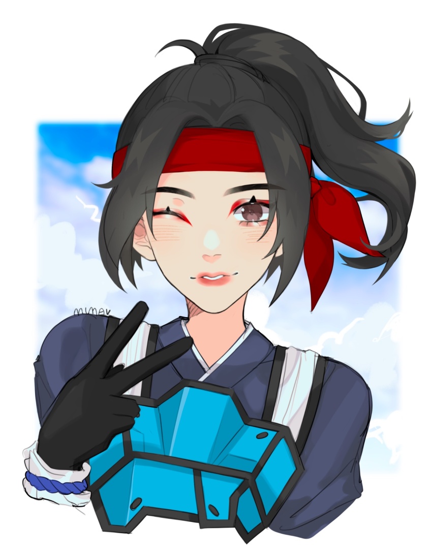 1girl, animification, apex_legends, armor, black_gloves, black_hair, black_kimono, blurry