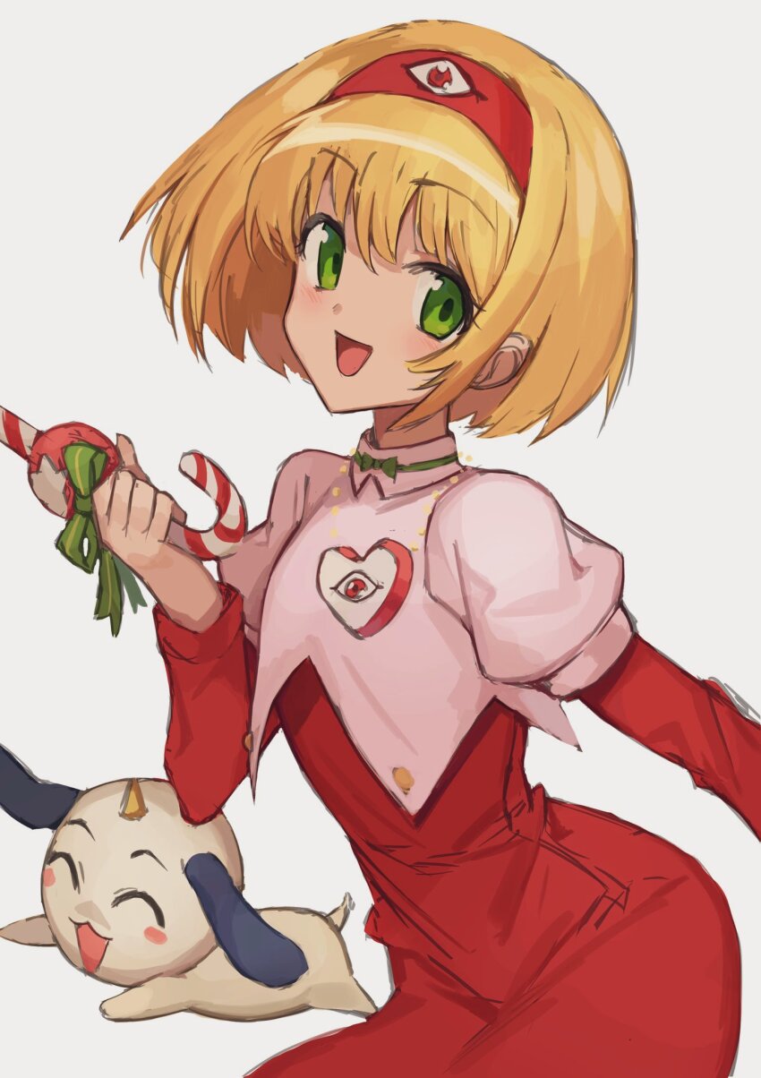 1girl, blonde_hair, candy, candy_cane, dai_mahou_touge, food, green_eyes, highres