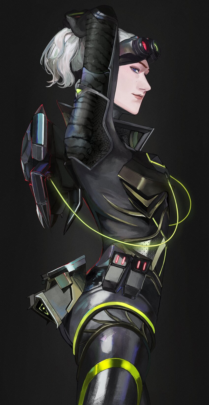 1girl, absurdres, apex_legends, biophysic_horizon, biophysics_horizon, black_background, blue_eyes, cable, flat_chest, from_side, goggles, goggles_on_head, grey_hair, highres, horizon_(apex_legends), looking_at_viewer, official_alternate_costume, ponytail, rontu, smile, solo, tying_hair