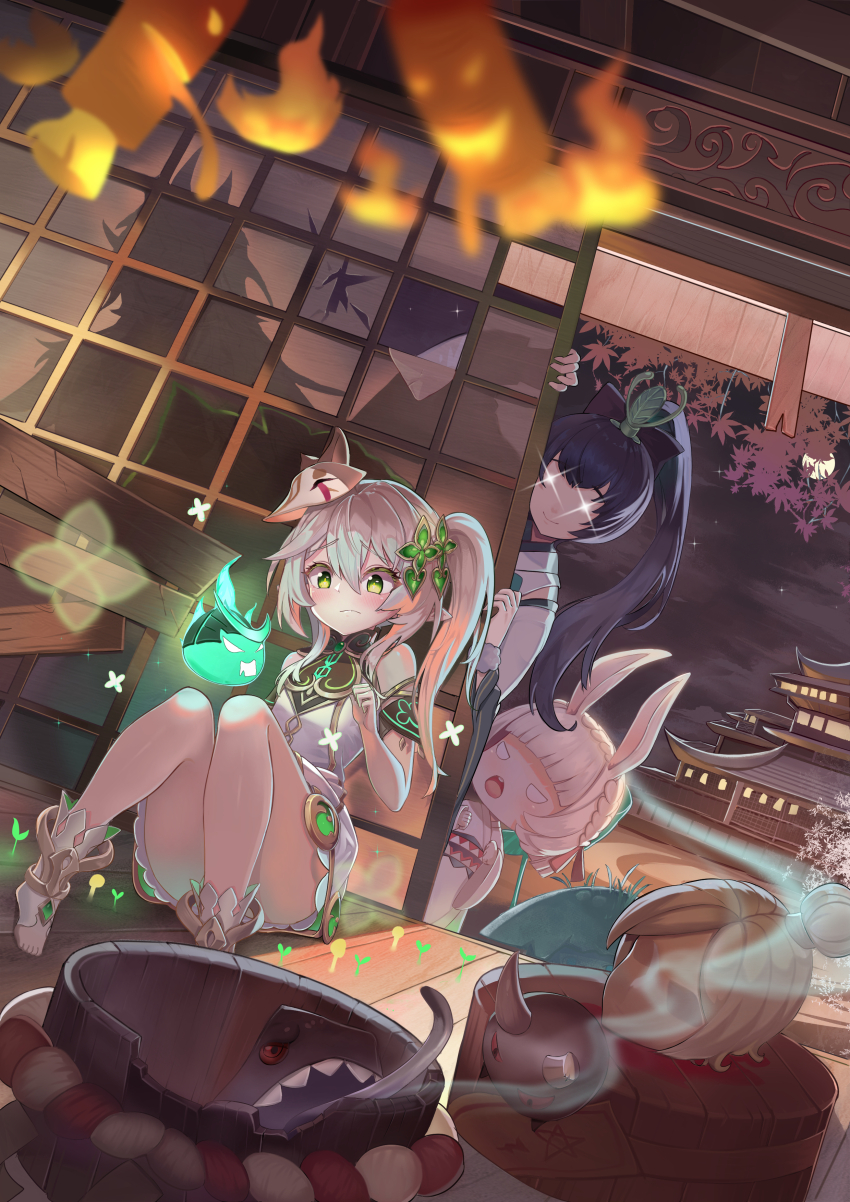 3girls, absurdres, animal_ears, architecture, ass, black_hair, bloomers, blunt_bangs, blurry, bow, braid, castle, commentary_request, crossover, depth_of_field, detached_sleeves, east_asian_architecture, fox_mask, genshin_impact, green_eyes, hair_between_eyes, hair_bow, hair_ornament, hair_ribbon, highres, hitodama, hotarugusa_(onmyoji), japanese_clothes, long_hair, long_sleeves, looking_at_another, mask, mask_on_head, multiple_girls, nahida_(genshin_impact), night, obi, obiage, onmyoji, peeking_out, pointy_ears, ponytail, rabbit_ears, ribbon, samsafe, sash, short_hair, short_sleeves, side_ponytail, sidelocks, single_braid, sitting, sky, soles, star_(sky), starry_sky, stirrup_legwear, symbol-shaped_pupils, toeless_legwear, toes, underwear, white_hair, wide_sleeves, yama_usagi_(onmyoji)