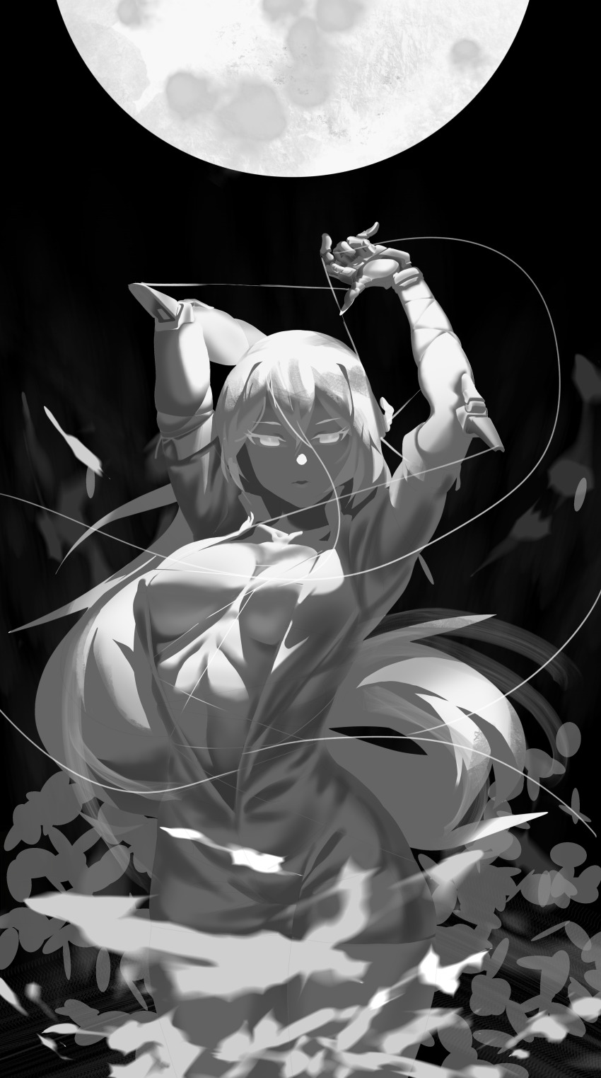 1girl, absurdres, arm_behind_head, arms_up, b_shan, bodysuit, breasts, breasts_apart, cowboy_shot, greyscale, hair_between_eyes, highres, large_breasts, long_hair, monochrome, moon, no_bra, original, parted_lips, plunging_neckline, prosthesis, prosthetic_arm, solo, thread