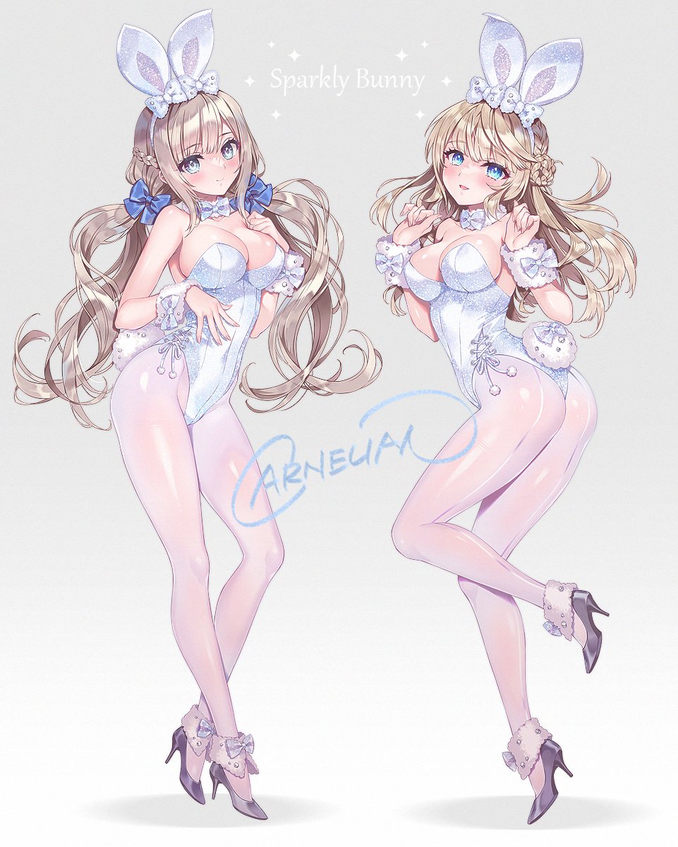 2girls, alternate_costume, animal_ears, ass, blue_bow, blue_eyes, bow, bowtie