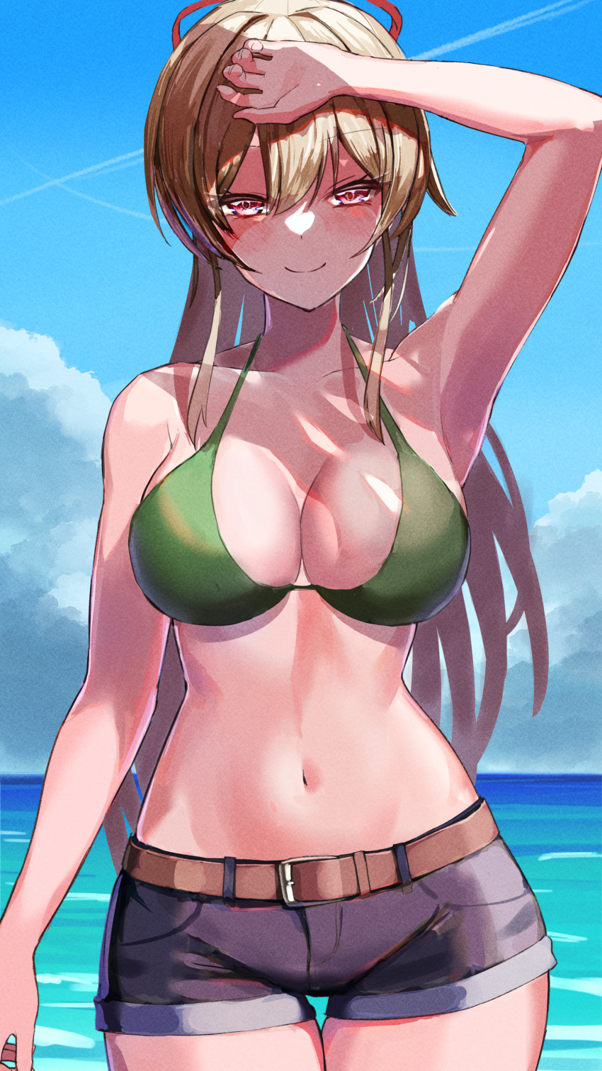 1girl, absurdres, ami_no_fuda, arm_up, armpits, belt, bikini, bikini_top_only, blonde_hair, blue_sky, breasts, brown_belt, cleavage, collarbone, commentary_request, cowboy_shot, denim, denim_shorts, furen_e_lustario, green_bikini, hair_between_eyes, hair_ribbon, halterneck, highres, large_breasts, long_hair, looking_at_viewer, navel, nijisanji, ocean, outdoors, ponytail, red_eyes, red_ribbon, ribbon, shading_eyes, short_shorts, shorts, sky, smile, solo, stomach, swimsuit, virtual_youtuber