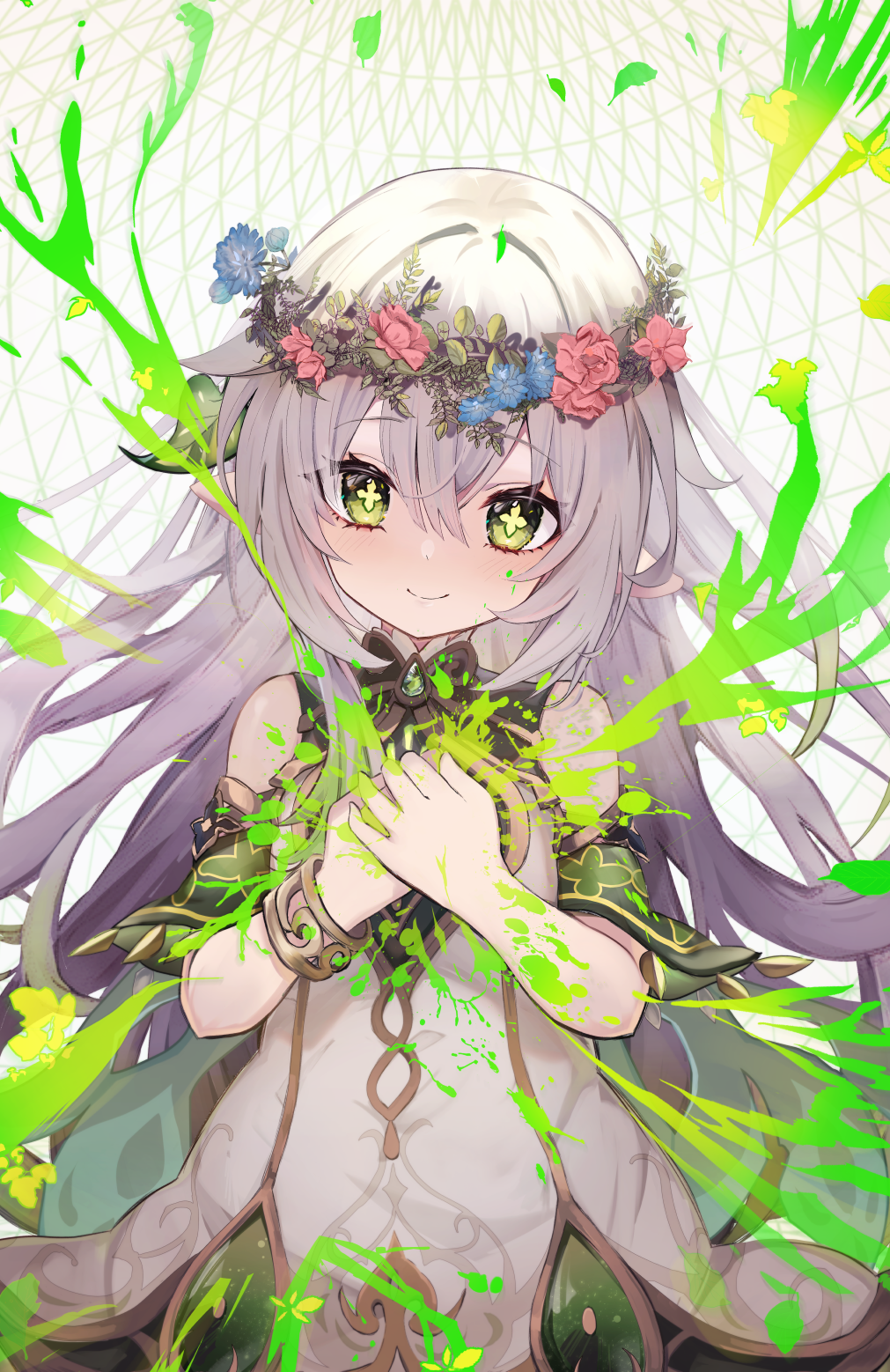 1girl, bare_shoulders, blush, bracelet, breasts, cape, dress, flower_wreath