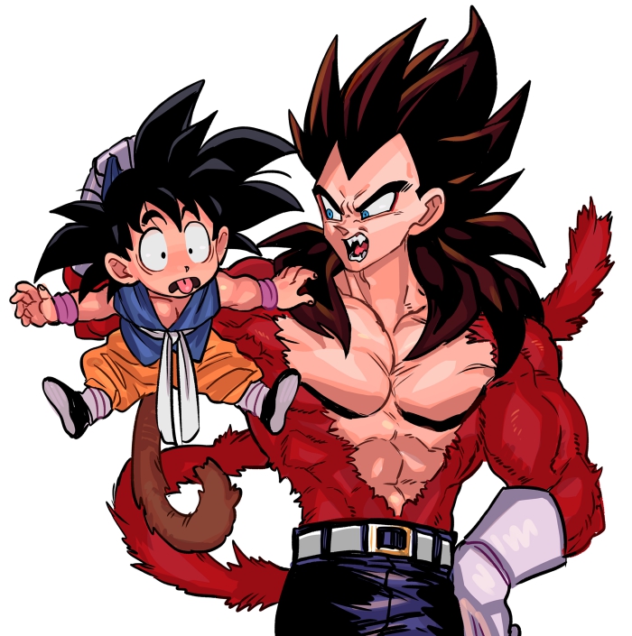 2boys, age_difference, black_hair, blue_eyes, body_fur, child, denim, dougi, dragon_ball, dragon_ball_gt, fangs, gloves, hand_on_own_hip, jeans, lifting_person, monkey_boy, monkey_tail, multiple_boys, muscular, muscular_male, nanika_(nnkgh), pants, red_fur, scruffing, size_difference, son_goku, spiked_hair, super_saiyan, super_saiyan_4, tail, tan, topless_male, vegeta, widow's_peak
