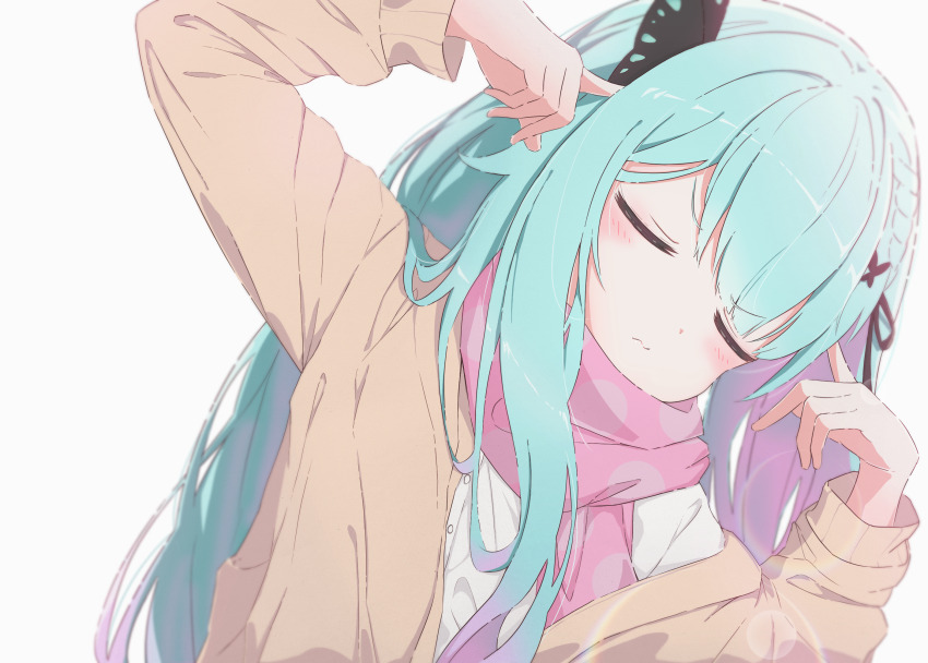 1girl, aqua_hair, black_ribbon, blush, brown_jacket, butterfly_hair_ornament, buttons, closed_eyes, closed_mouth, facing_viewer, fingers_to_head, gradient_hair, hair_ornament, hair_ribbon, head_tilt, highres, hololive, jacket, long_hair, long_sleeves, multicolored_hair, pink_hair, red_scarf, ribbon, scarf, shirt, simple_background, solo, tppo, upper_body, uruha_rushia, uruha_rushia_(school_uniform), virtual_youtuber, white_background, white_shirt