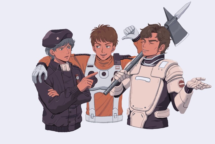 23011620x, 3boys, axe, beret, blue_eyes, blue_hair, brown_hair, closed_eyes