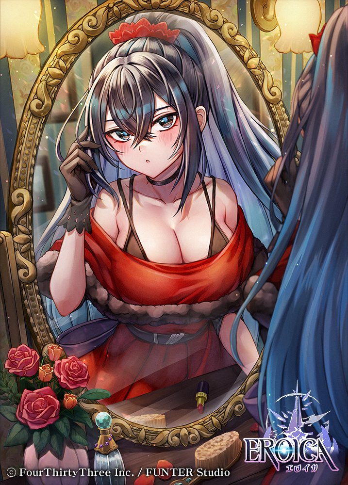 1girl, black_choker, black_gloves, black_hair, blue_hair, blush, breasts, choker