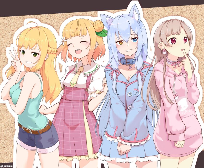4girls, :d, ahoge, animal_collar, animal_ear_fluff, animal_ears, asagi_shiki, bare_arms