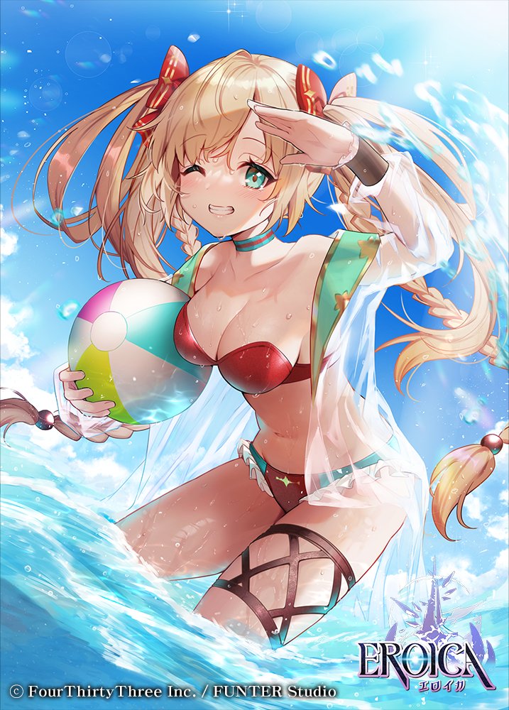 1girl, aqua_eyes, ball, beachball, bikini, blonde_hair, bow, braid