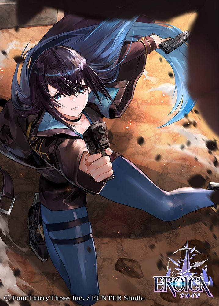 1girl, black_choker, black_coat, black_footwear, black_hair, black_pantyhose, blue_eyes, blue_hair