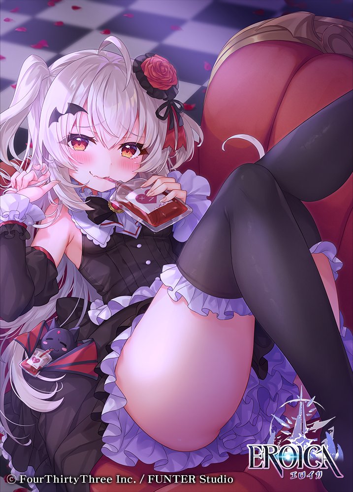 1girl, ahoge, bat_hair_ornament, black_dress, black_thighhighs, blonde_hair, blood, blood_bag, blush, detached_sleeves, dress, eroica, frilled_dress, frilled_thighhighs, frills, hair_ornament, long_hair, official_art, orange_eyes, otosume_ruiko, reve_(eroica), smile, solo, thighhighs, two_side_up, vampire