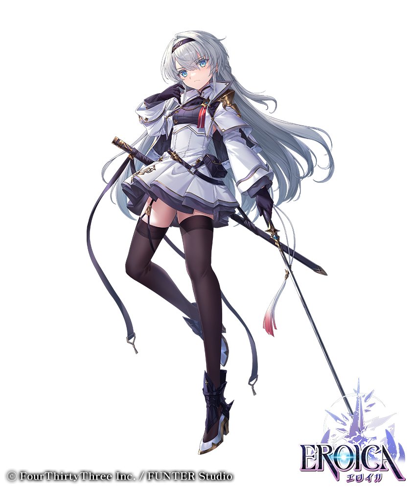 1girl, black_gloves, black_headband, black_thighhighs, blue_eyes, capelet, eroica, gloves