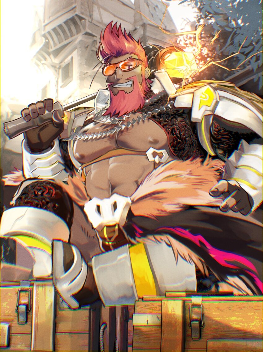 1boy, abashiri_(abasirisippo), abs, another_eidos-r, armor, bara, bare_pectorals, beard