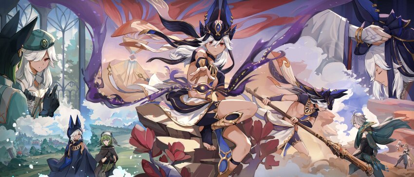 2girls, 4boys, aether_(genshin_impact), ahoge, alhaitham_(genshin_impact), animal_ears, animal_hat, arabian_clothes