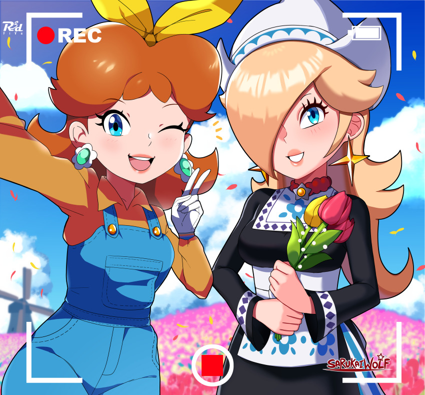 2girls, absurdres, apron, arm_up, artist_collaboration, artist_name, battery_indicator, black_dress, blonde_hair, blue_eyes, blue_overalls, blue_sky, blurry, blurry_background, blush, breasts, brooch, brown_hair, buttons, cloud, collared_shirt, cowboy_shot, day, dress, earrings, falling_petals, female_focus, field, floral_print, flower, flower_earrings, flower_field, gem, gloves, green_gem, grin, hair_over_one_eye, hair_ribbon, hand_up, hands_up, happy, headscarf, highres, holding, holding_flower, jewelry, lips, lipstick, long_hair, long_sleeves, looking_at_viewer, makeup, mario_(series), mario_kart, mario_kart_tour, medium_breasts, medium_hair, multiple_girls, nintendo, notice_lines, official_alternate_costume, one_eye_closed, one_eye_covered, open_mouth, orange_gem, orange_shirt, outdoors, outstretched_arm, overalls, own_hands_together, petals, pink_flower, pocket, princess_daisy, princess_daisy_(farmer), r3dfive, recording, red_flower, red_tulip, ribbon, rosalina, rosalina_(volendam), sarukaiwolf, selfie, shirt, sidelocks, signature, sky, smile, standing, star_(symbol), star_earrings, teeth, tulip, viewfinder, waist_apron, watermark, white_apron, white_gloves, white_headscarf, white_headwear, windmill, wink, yellow_flower, yellow_ribbon, yellow_tulip