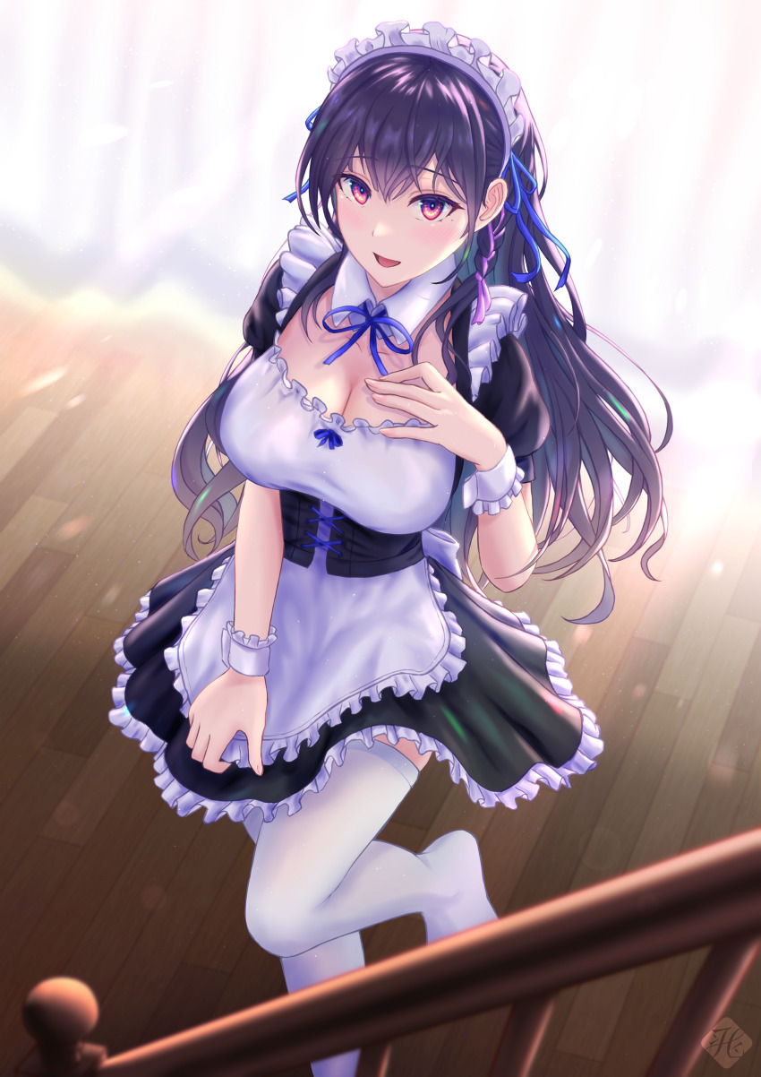 1girl, absurdres, apron, backlighting, black_hair, black_skirt, blue_ribbon, braid