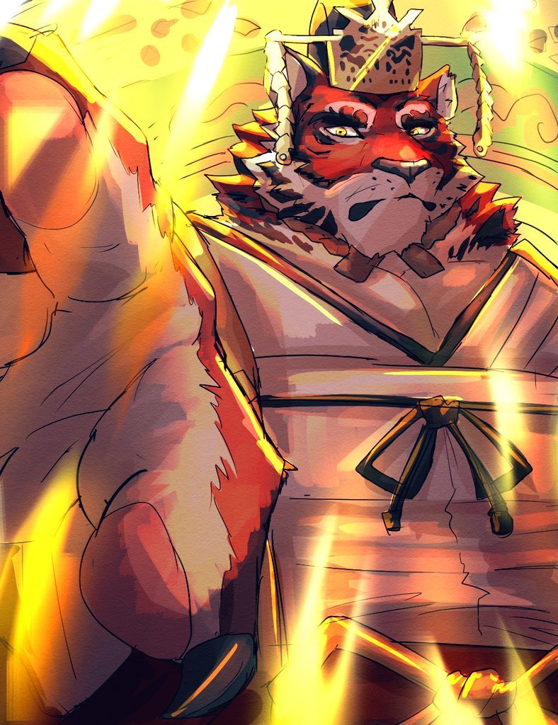 1boy, animal_ears, bara, chinese_clothes, costume_request, crave_saga, foreshortening, furry