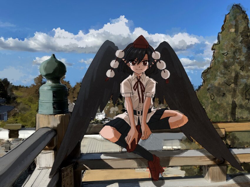 >:), 1girl, architecture, belt, bird_wings, black_belt, black_feathers, black_hair