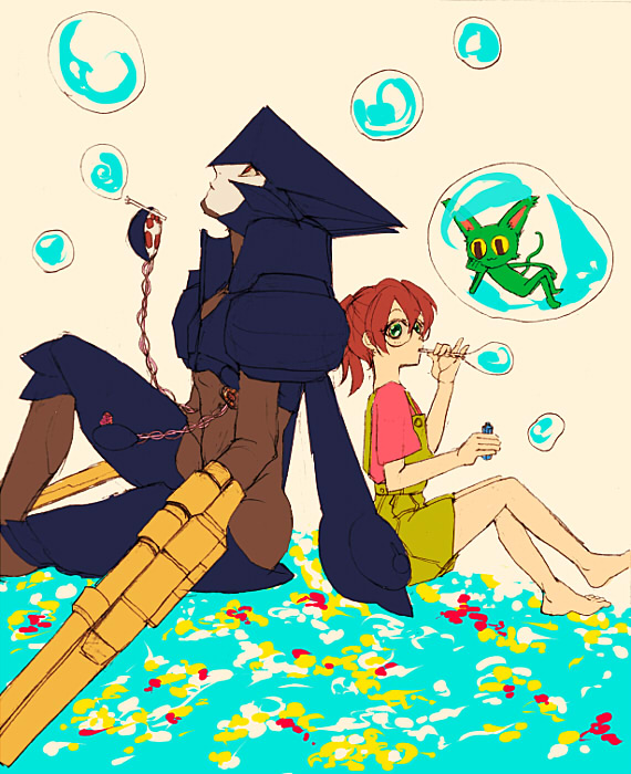 1boy, 1girl, 1other, asagi_marin, barefoot, brigadoon, brown_eyes, bubble