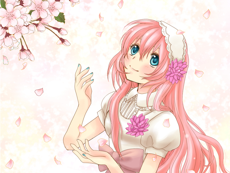 1girl, aqua_nails, blue_eyes, blush, bow, cherry_blossoms, female_focus, flower, hair_flower, hair_ornament, long_hair, megurine_luka, nail_polish, petals, pink_hair, smile, solo, tin_lamp, vocaloid