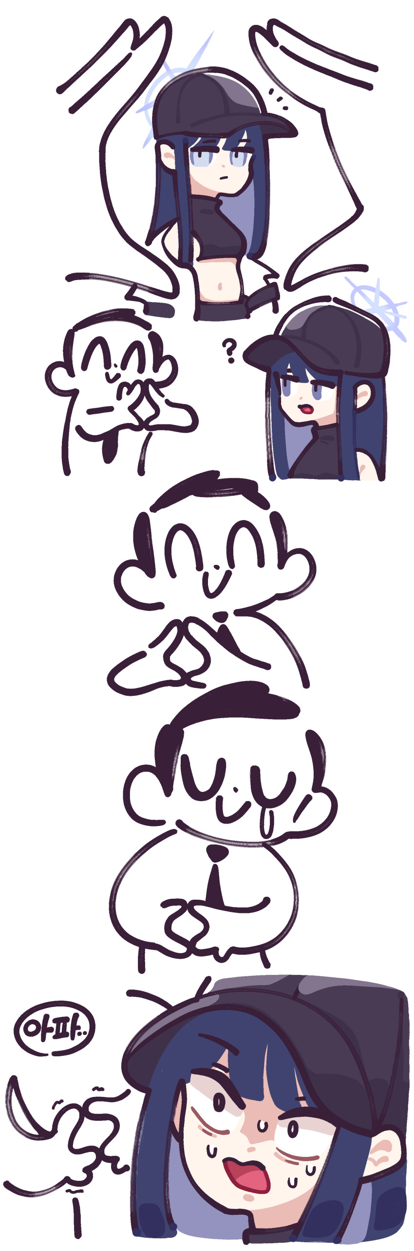 1boy, 1girl, 294_(ranaga), ?, absurdres, doodle_sensei_(blue_archive), baseball_cap, black_hair, black_headwear, black_necktie, blue_archive, blue_hair, coat, crop_top, grey_eyes, halo, hat, highres, horrified, long_hair, midriff, necktie, off_shoulder, open_mouth, saori_(blue_archive), sensei_(blue_archive), shirt, sleeveless, sleeveless_shirt, snoot_challenge, sweat, tears, translation_request, white_coat