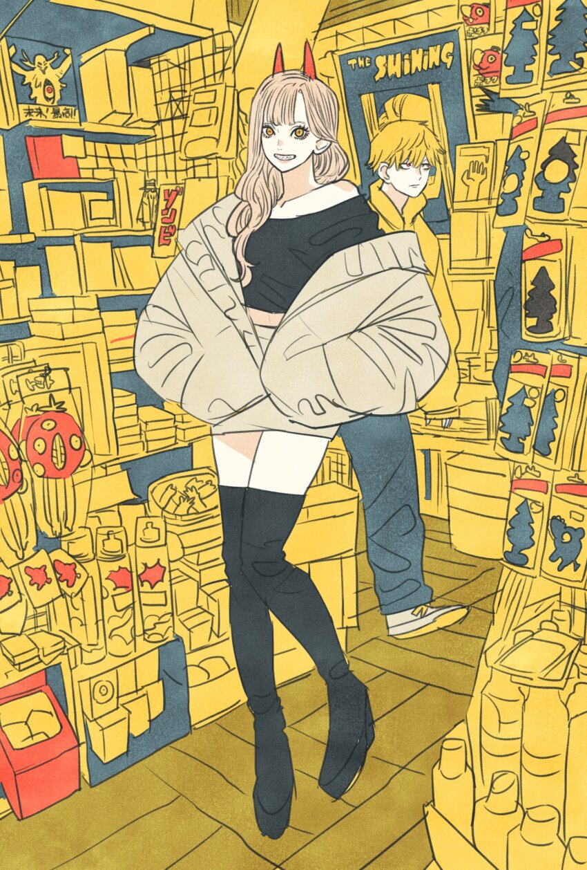 1boy, 1girl, alternate_hairstyle, black_thighhighs, blonde_hair, chainsaw_man, debt_collector_(chainsaw_man), denji_(chainsaw_man)