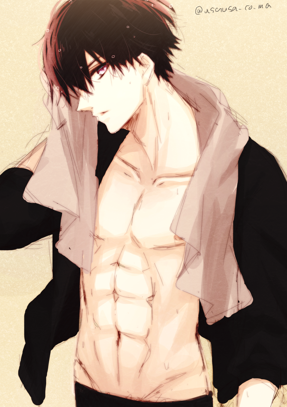 1boy, abs, arm_at_side, black_hair, black_pants, black_shirt, collar_x_malice, collarbone