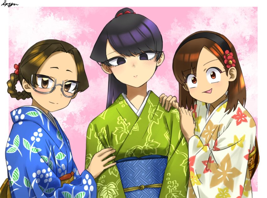 3girls, black_eyes, black_hair, blue_kimono, brown_eyes, brown_hair, flower, green_kimono