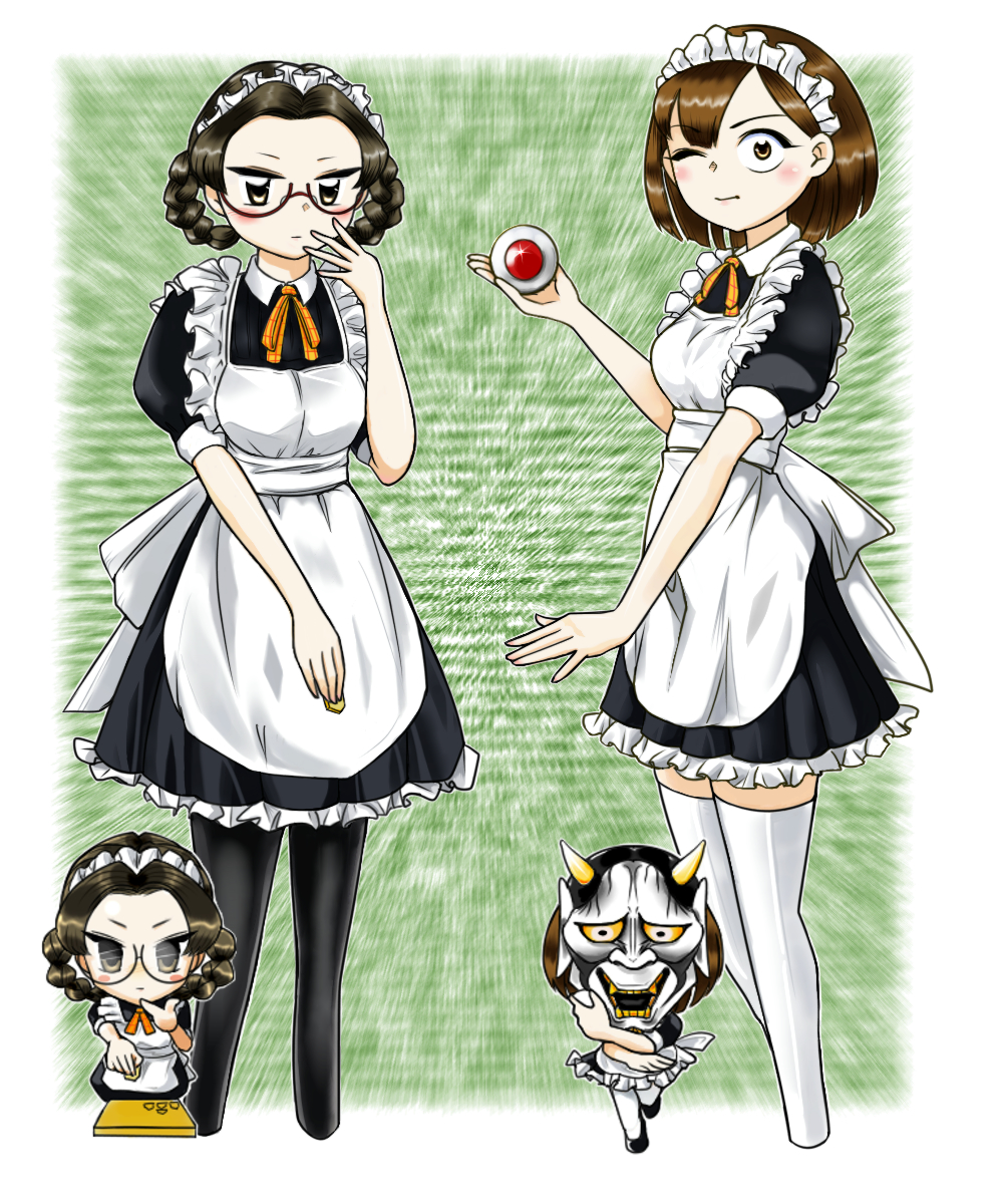 2girls, alternate_costume, apron, black_dress, black_pantyhose, blush, board_game, brown_hair