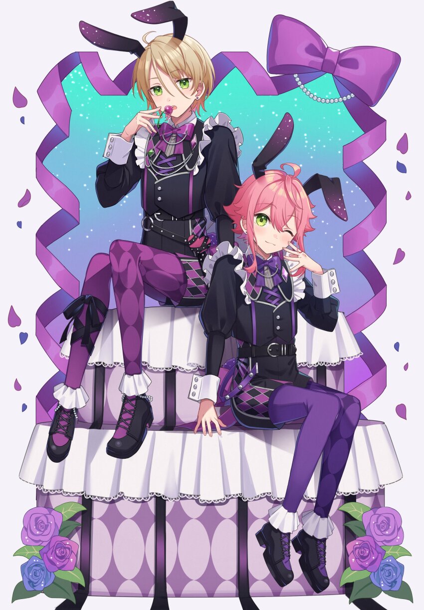 2boys, absurdres, ahoge, animal_ears, argyle_clothes, argyle_legwear, asymmetrical_legwear, belt