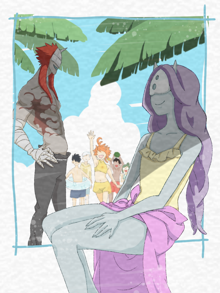 3girls, 4boys, abs, arm_up, bikini, black_hair, black_male_swimwear, black_pants