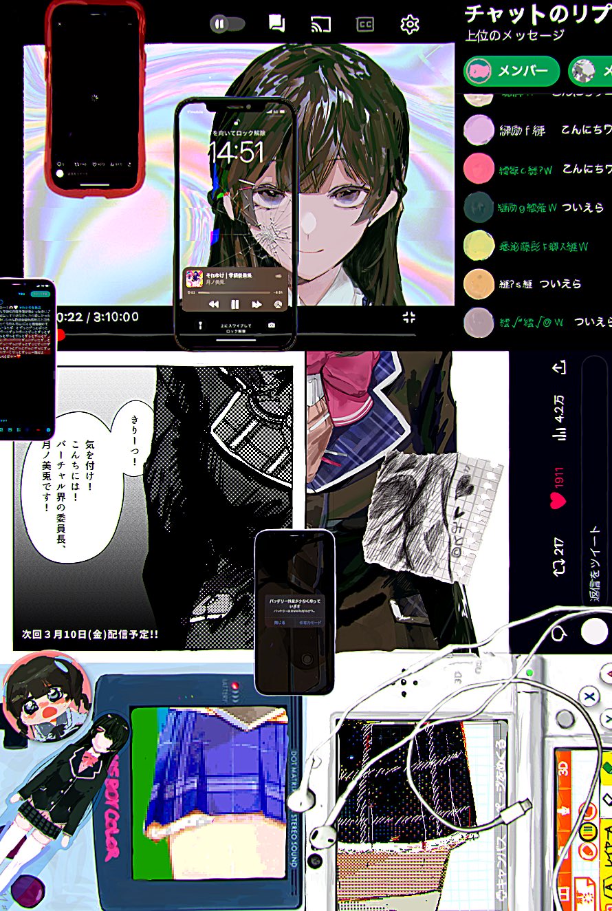 1girl, arms_behind_back, azuma_kurumi, black_eyes, black_hair, black_jacket, blazer, blunt_bangs, bow, bowtie, braid, brown_cardigan, buffering, cardigan, cellphone, cellphone_photo, character_pin, chat_log, closed_mouth, collage, collared_shirt, commentary, cowboy_shot, cracked_screen, earbuds, earphones, game_boy, game_boy_color, glitch, graph_paper, half-closed_eyes, half_up_braid, halftone, handheld_game_console, highres, hime_cut, iridescent, jacket, lapels, long_hair, looking_at_viewer, nijisanji, nintendo_3ds, official_alternate_costume, phone, pink_bow, pink_bowtie, plaid_clothes, plaid_lapels, plaid_skirt, pleated_skirt, school_uniform, shirt, skirt, smartphone, smile, thighhighs, tsukino_mito, tsukino_mito_(1st_costume), twitter, user_interface, virtual_youtuber, white_shirt