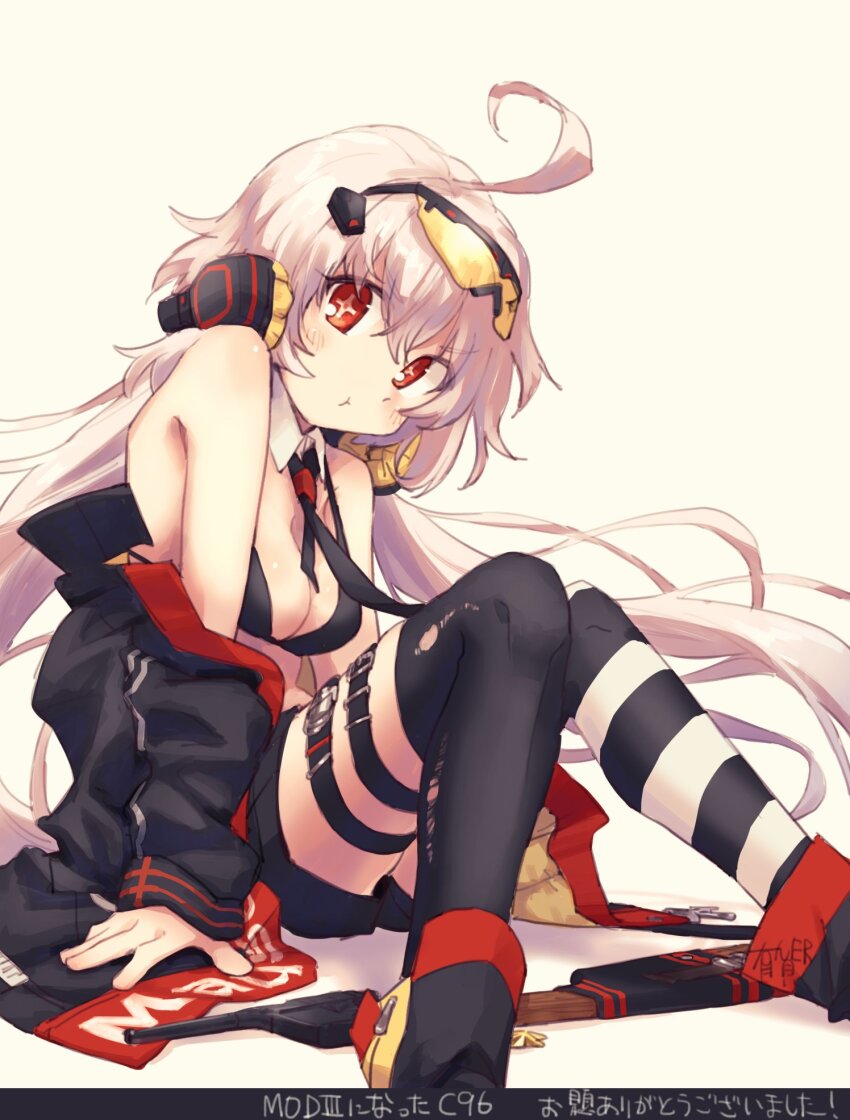 1girl, :t, ahoge, arigatoner, asymmetrical_legwear, bare_shoulders, bikini, bikini_top_only