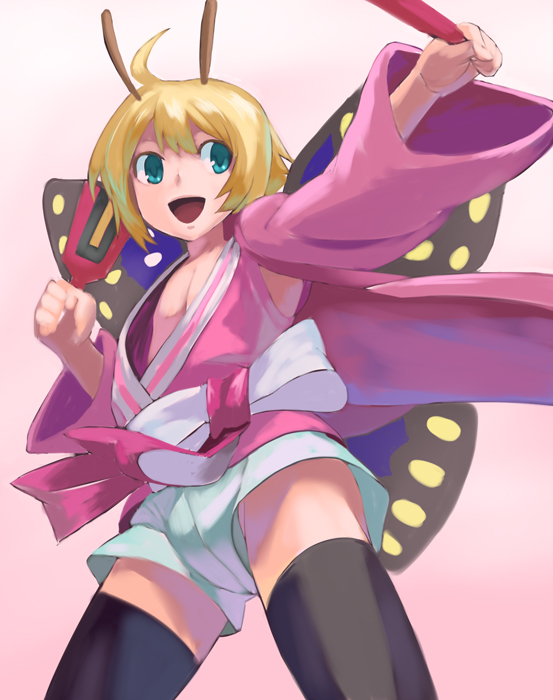 1boy, ahoge, antennae, arthropod_girl, blonde_hair, blue_eyes, butterfly_girl, butterfly_wings