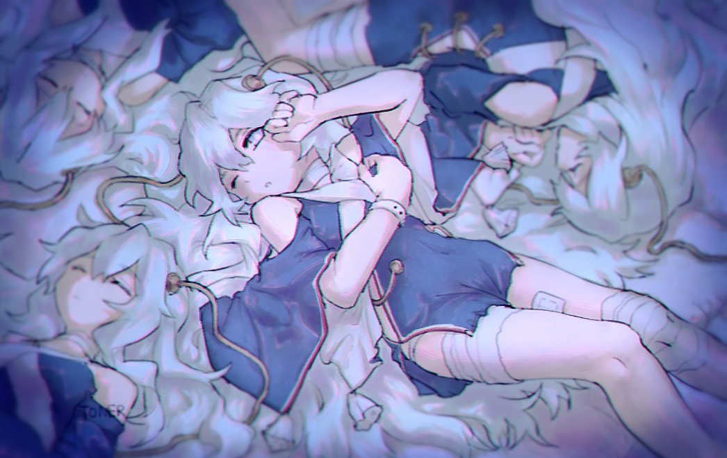 4girls, arigatoner, bandaged_leg, bandages, blue_dress, bracelet, clone, closed_eyes