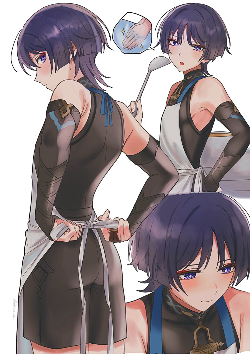 1boy, absurdres, apron, bare_shoulders, black_shirt, black_shorts, blue_ribbon, blunt_ends