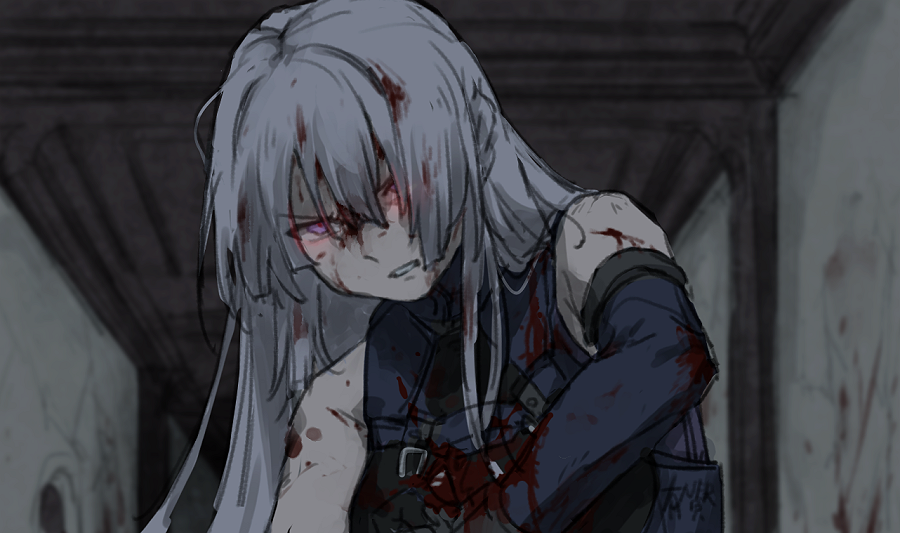 1girl, ak-15_(girls'_frontline), angry, arigatoner, bare_shoulders, black_gloves, bleeding, blood, blood_on_clothes, blood_on_face, clenched_teeth, commentary, elbow_gloves, girls'_frontline, gloves, glowing, glowing_eyes, grey_hair, hair_over_eyes, indoors, injury, long_hair, looking_at_viewer, messy_hair, purple_eyes, solo, tactical_clothes, teeth, upper_body