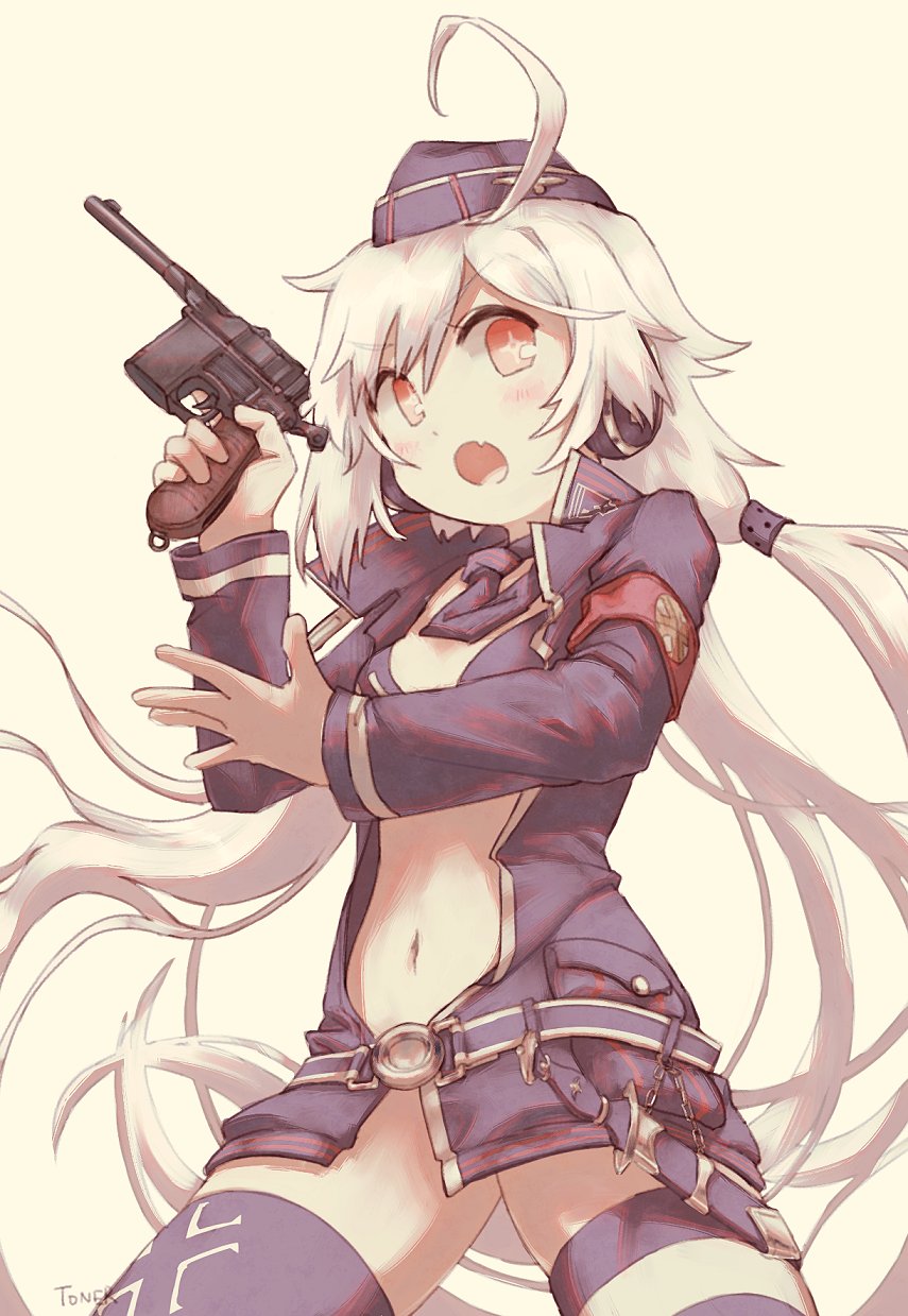 1girl, ahoge, arigatoner, armband, asymmetrical_legwear, belt, bikini, bikini_top_only, black_bikini, black_jacket, black_necktie, black_thighhighs, bottomless, c96_(girls'_frontline), commentary_request, cowboy_shot, fang, girls'_frontline, gun, handgun, hat, headphones, highres, holding, holding_gun, holding_weapon, jacket, knife, knife_sheath, long_hair, looking_at_viewer, mauser_c96, mismatched_legwear, navel, necktie, open_clothes, open_jacket, open_mouth, red_armband, red_eyes, sheath, simple_background, skin_fang, solo, striped_clothes, striped_thighhighs, swimsuit, symbol-shaped_pupils, thighhighs, trigger_discipline, twintails, very_long_hair, weapon, white_hair