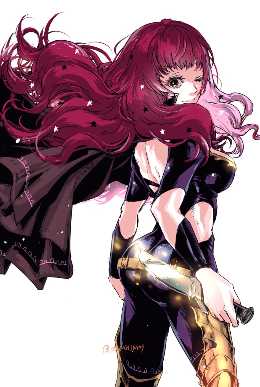 1girl, absurdres, ass, black_cape, blush, bodysuit, breasts, cape