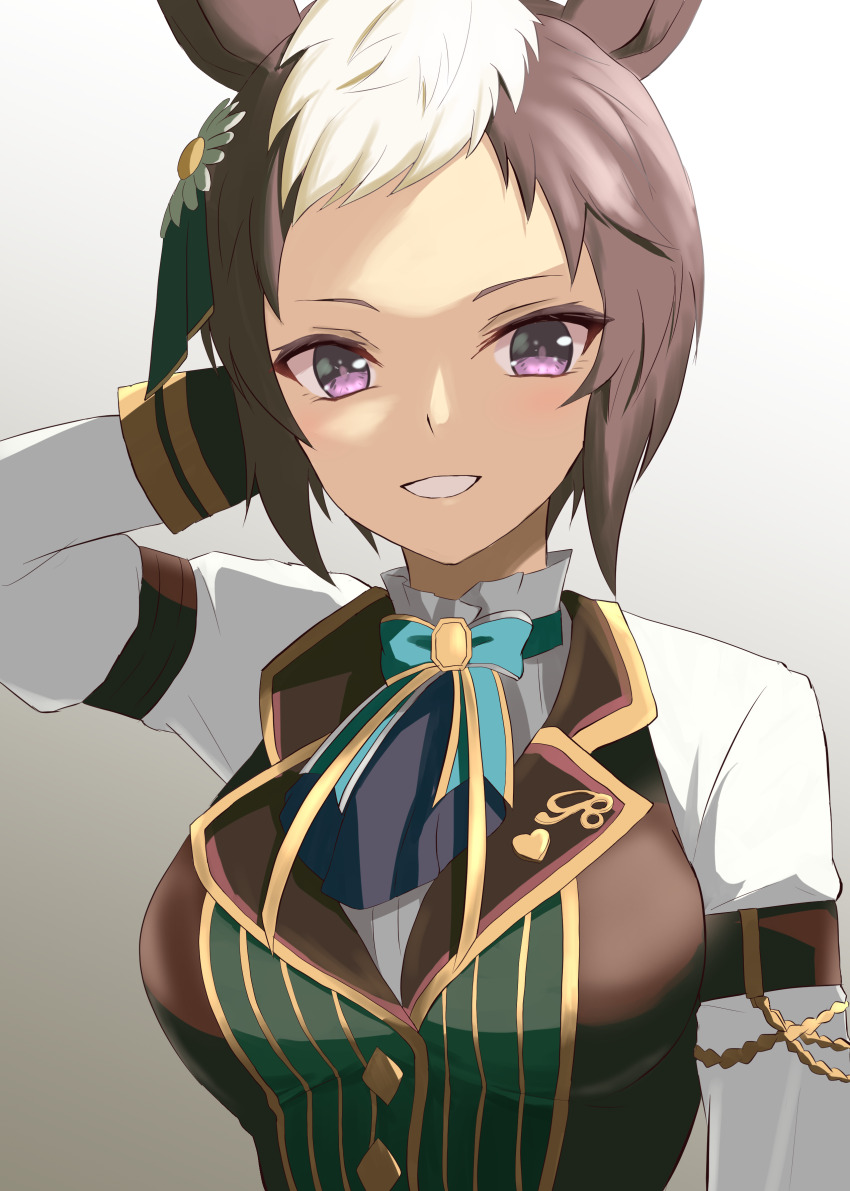 1girl, absurdres, animal_ears, arm_behind_head, black_gloves, black_hair, blue_bow, bow