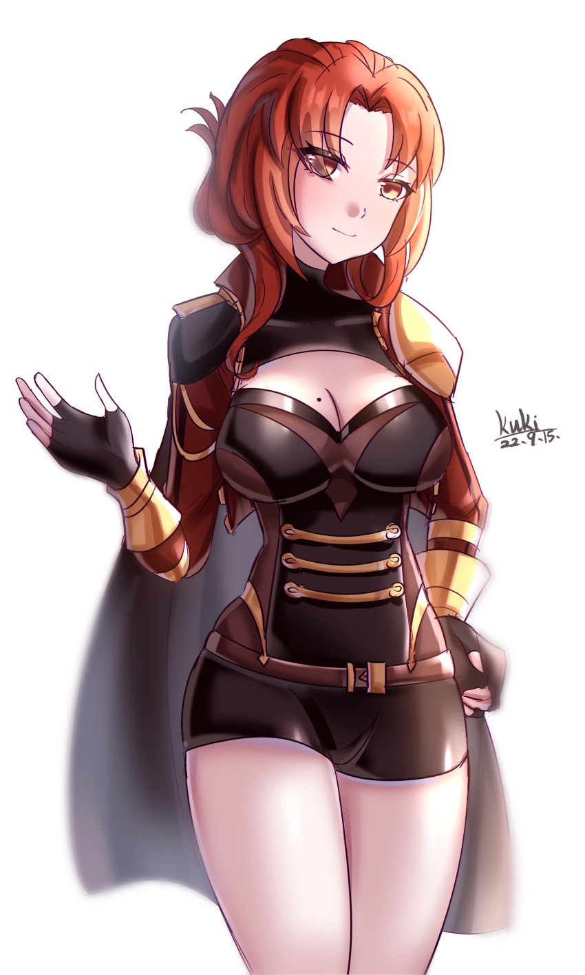 1girl, absurdres, black_gloves, black_shorts, breasts, brown_eyes, cleavage, closed_mouth