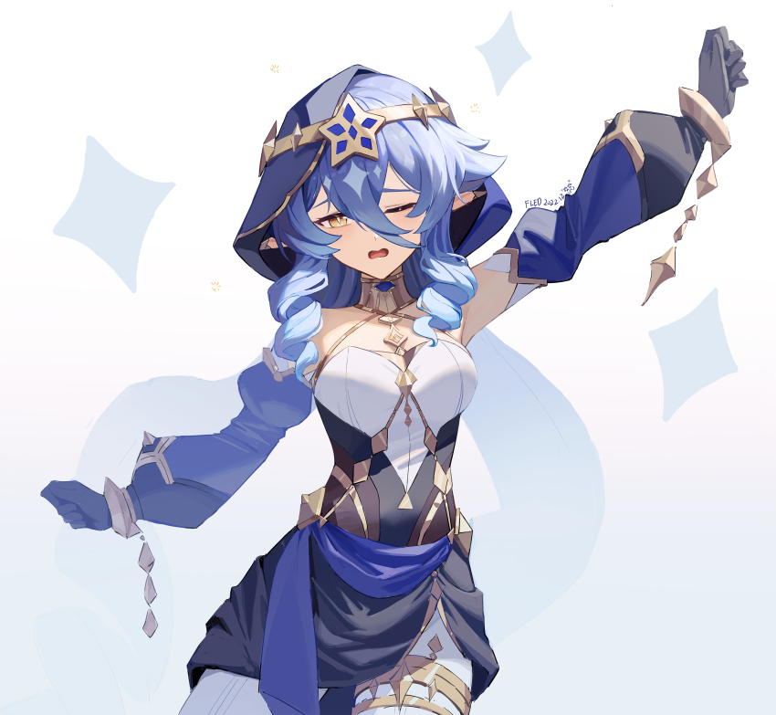 1girl, absurdres, armpits, bare_shoulders, black_dress, black_gloves, blue_hair, blue_sleeves