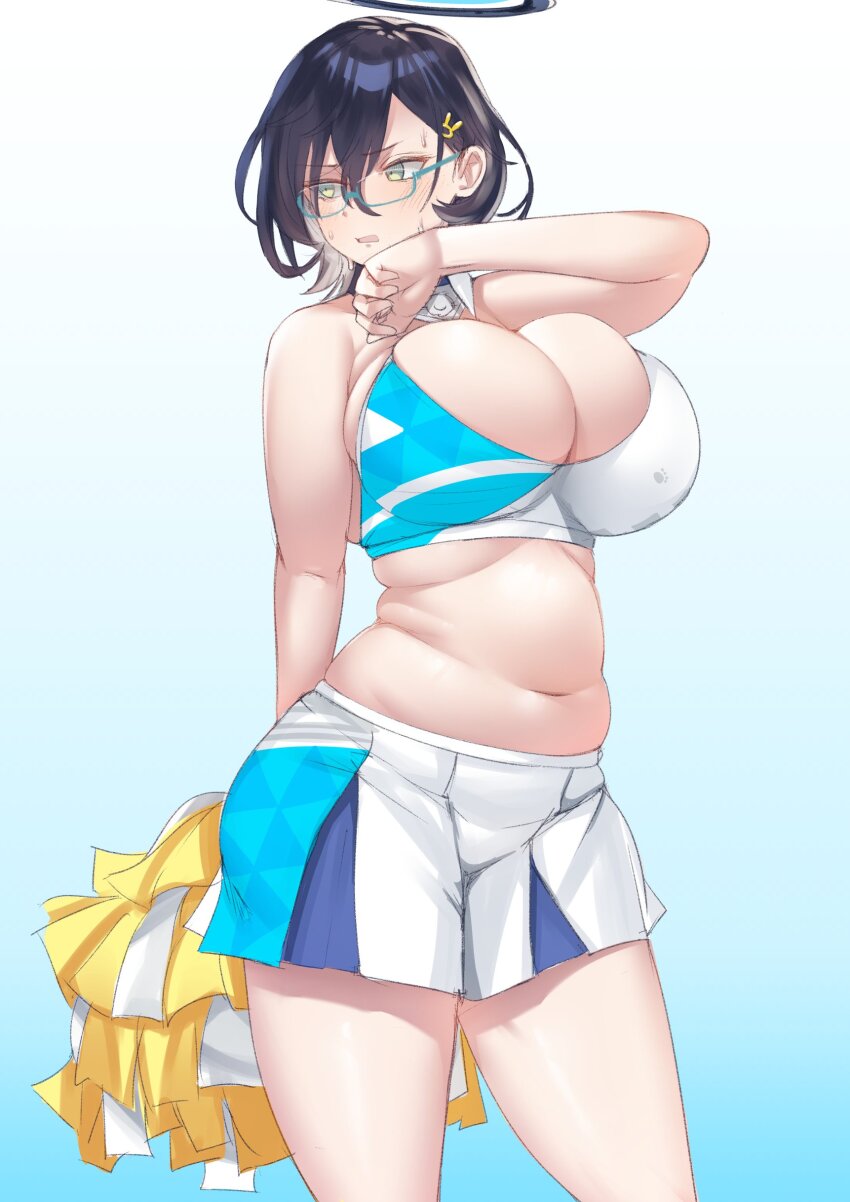 1girl, absurdres, bare_arms, bare_shoulders, bifizu's_gold, black_hair, blue-framed_eyewear, blue_archive, blue_background, breasts, chihiro_(blue_archive), commentary_request, cosplay, cowboy_shot, crop_top, glasses, gradient_background, grey_eyes, highres, huge_breasts, midriff, millennium_cheerleader_outfit_(blue_archive), miniskirt, navel, plump, pom_pom_(cheerleading), short_hair, skirt, solo, standing, stomach, thighs, undersized_clothes, white_skirt