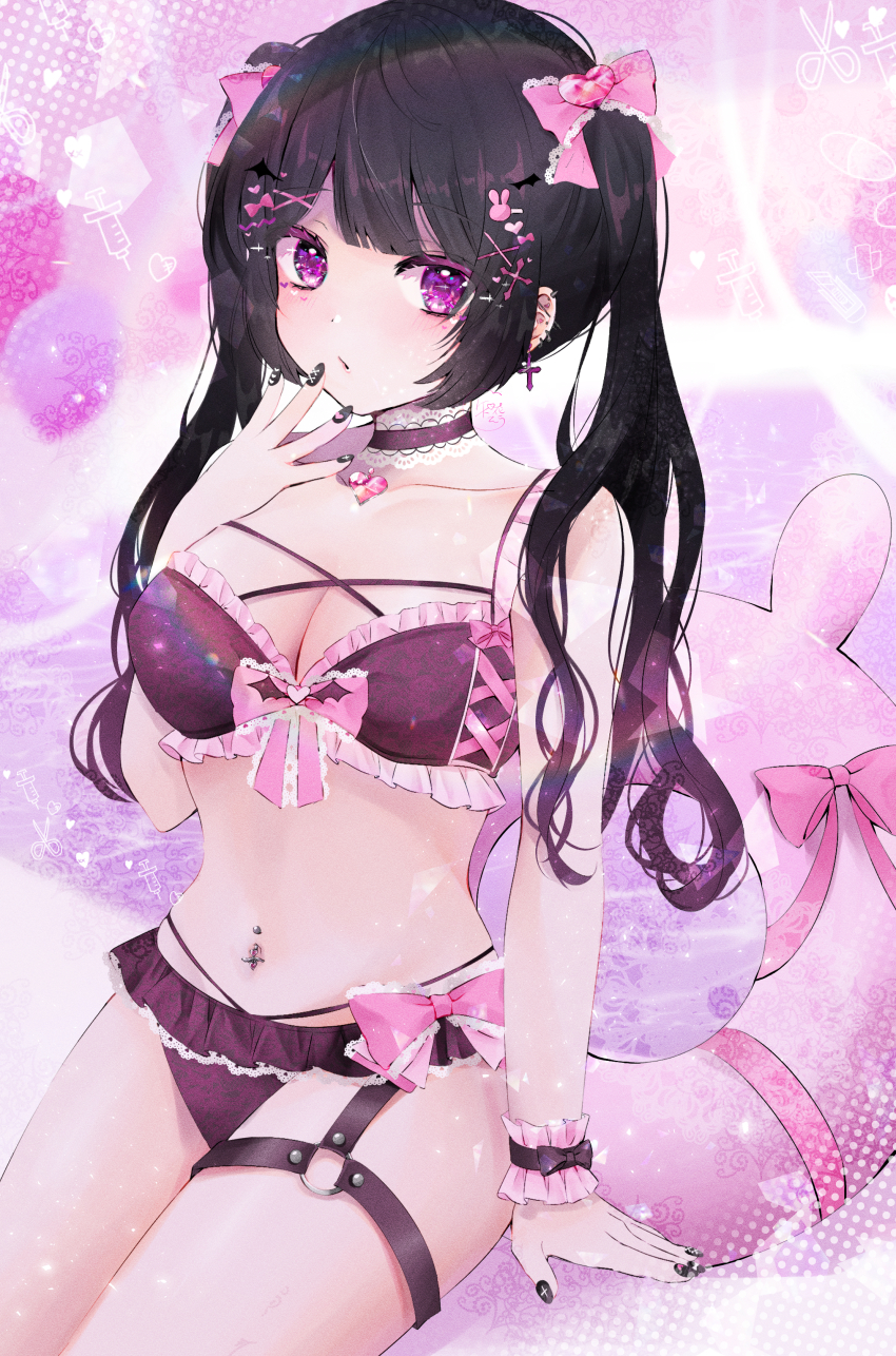 1girl, absurdres, bikini, black_hair, blush, breasts, chibana_sora, choker