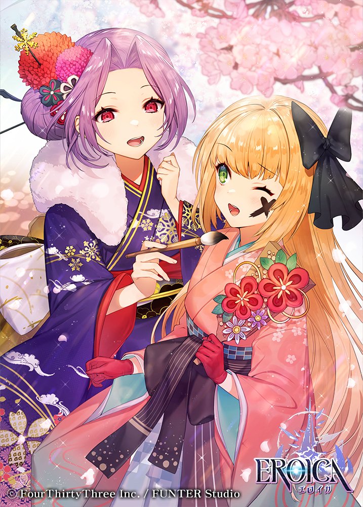 2girls, black_bow, blonde_hair, bow, character_request, cherry_blossoms, eroica, floral_print, gloves, green_eyes, hair_bow, hair_ornament, holding, holding_paintbrush, japanese_clothes, kimono, long_hair, luna_(eroica), multiple_girls, one_eye_closed, open_mouth, paint_on_body, paintbrush, pink_kimono, purple_hair, purple_kimono, red_eyes, red_gloves, tsunakawa, x_(symbol)
